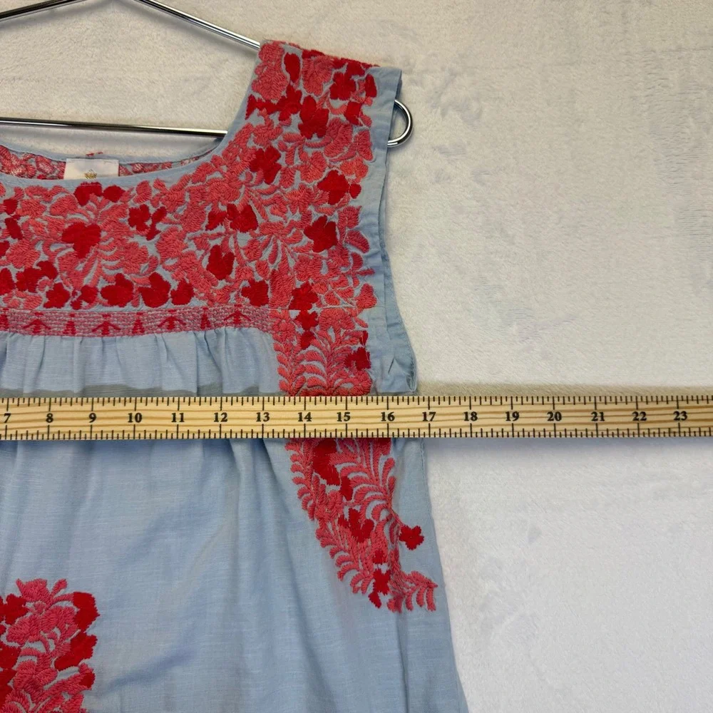j.marie XS Light‎ Blue Red Floral Embroidered Sleeveless Shift Dress Pocket